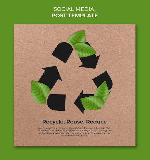 Free PSD social media post for recycling with realistic leaves on a cardboard background