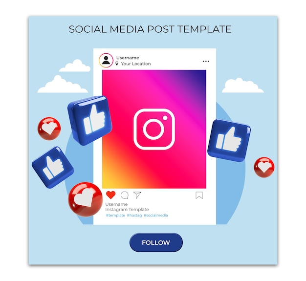 Social media post template with instagram window and 3d icons