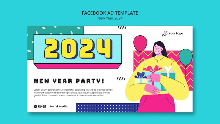 無料PSD 2024 年の新年パーティーのお祝いのためのソーシャル メディア プロモーション テンプレート