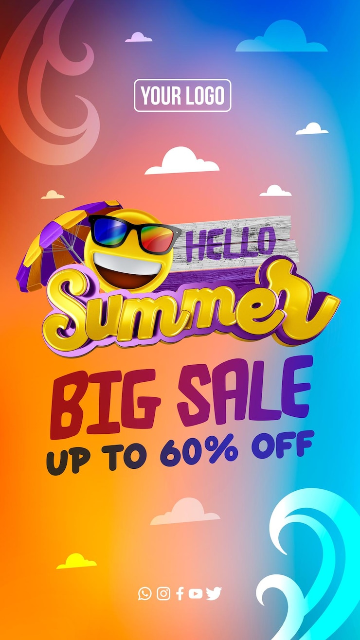 Free PSD social media stories hello summer big sale up to 60 off