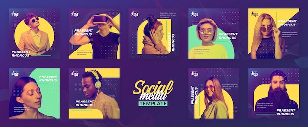 PSD gratuito modello di menu sociale con persone e dispositivi digitali