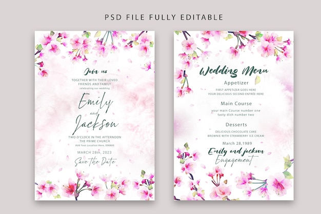 無料PSD ソフト psd 花の水彩画の結婚式の招待状とメニュー テンプレート