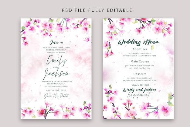 soft PSD floral watercolor wedding invitation and menu template