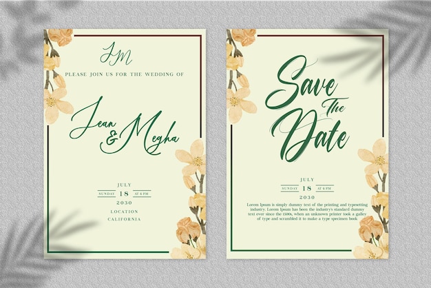 柔らかい​水彩画​の​花​の​結婚式​の​招待​カード​セット​psd