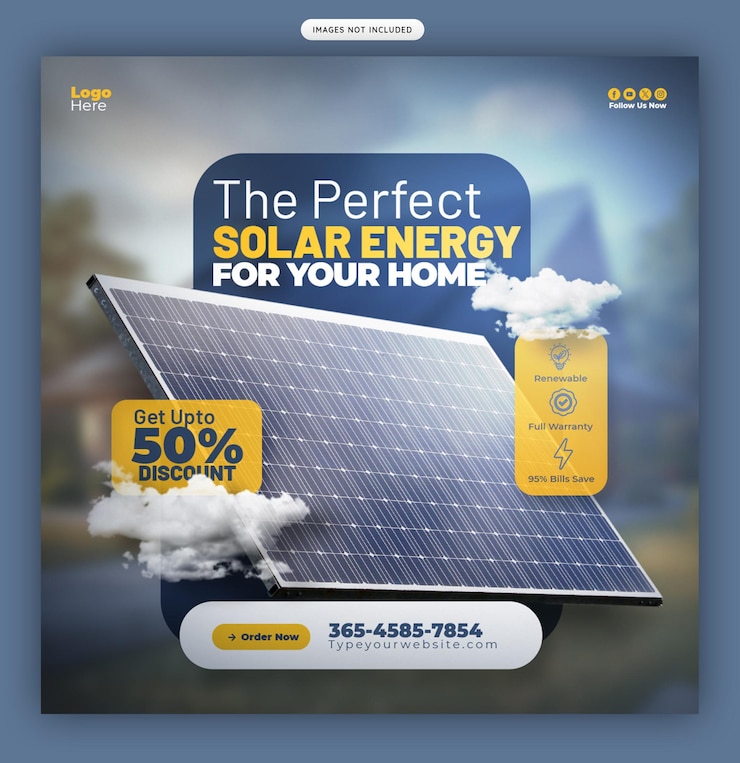 Free PSD solar energy panel and power saving instagram post or social media banner template