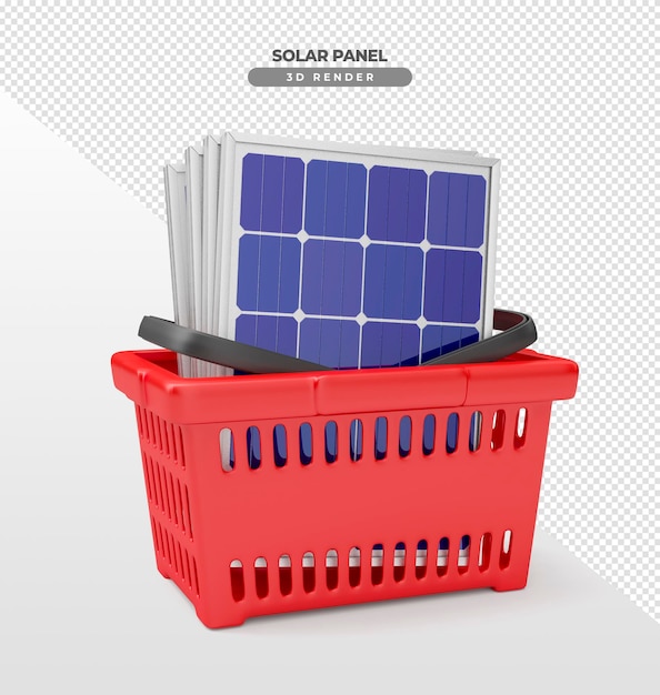 Solar energy plates inside supermarket basket in 3d render realistic