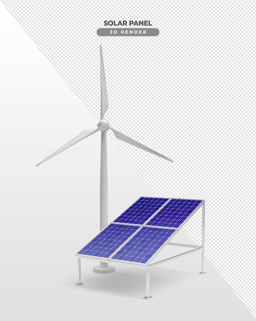 Solar power boards with wind power tower 3d realistic render