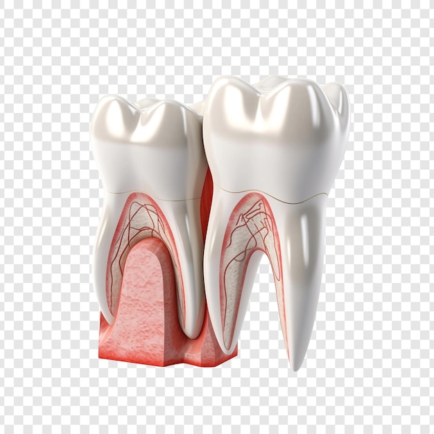 Un dente dolorante in mezzo a denti sani isolati su uno sfondo trasparente