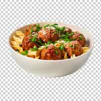 Бесплатный PSD Спагетти с мясными шариками и томатным соусом в миске с крупным снимком, изолированным на прозрачном фоне