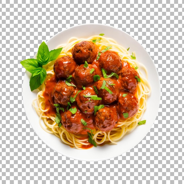 Spaghetti con polpette e salsa di pomodoro in una ciotola scattata da vicino isolata su uno sfondo trasparente