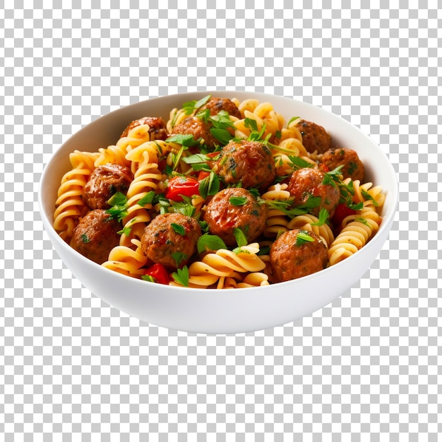 Spaghetti with meatballs and tomato sauce in bowl closeup shot isolated on a transparent background