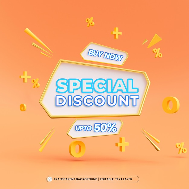 Sconto speciale 50% di sconto modello di banner promozionale 3d