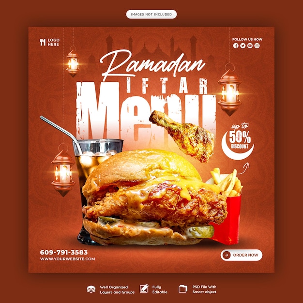 Специальная еда рамадана карима и меню ифтара, баннер в социальных сетях или шаблон поста в instagram