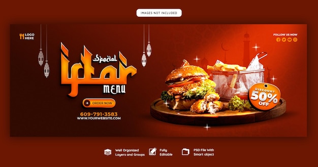 PSD gratuito speciale ramadan kareem cibo e menu iftar modello di banner di copertina di facebook