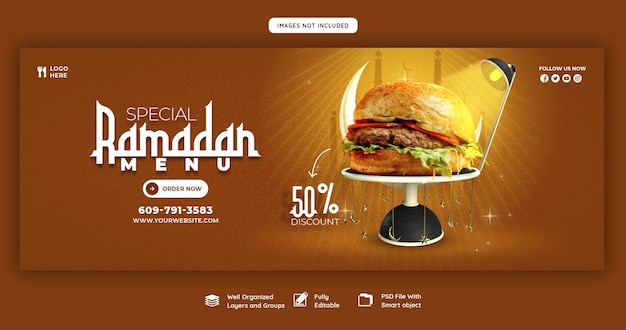 PSD gratuito speciale ramadan kareem cibo e menu iftar modello di banner di copertina di facebook