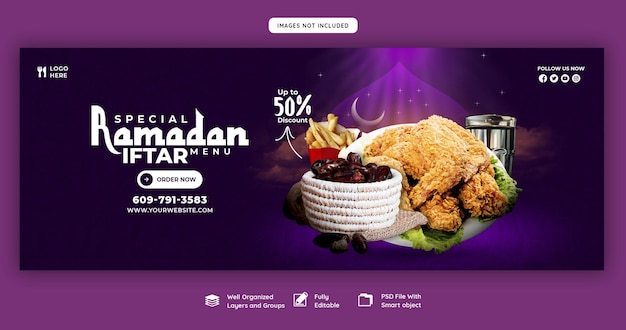 PSD gratuito speciale ramadan kareem cibo e menu iftar modello di banner di copertina di facebook