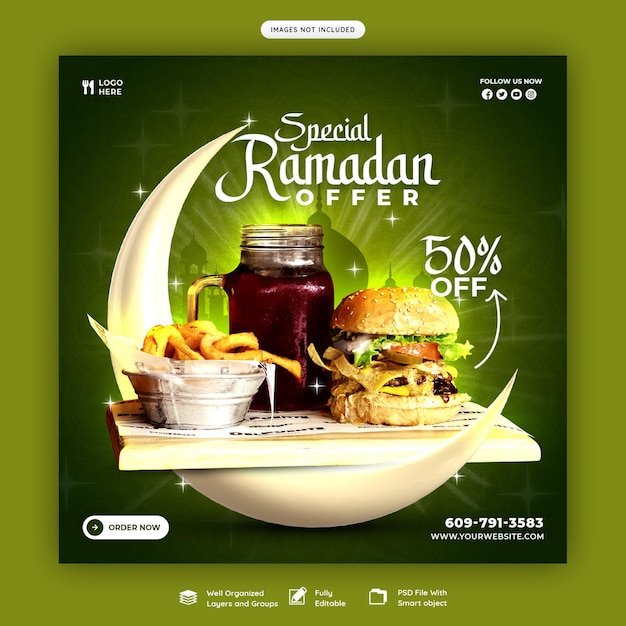 Speciale ramadan kareem cibo e menu iftar banner per social media o modello di post instagram