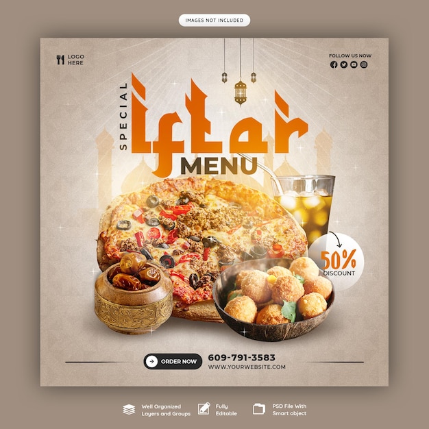 Free PSD special ramadan kareem food and iftar menu social media banner or instagram post template