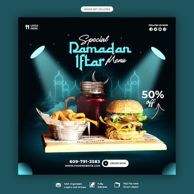 PSD gratuito speciale ramadan kareem cibo e menu iftar banner per social media o modello di post instagram