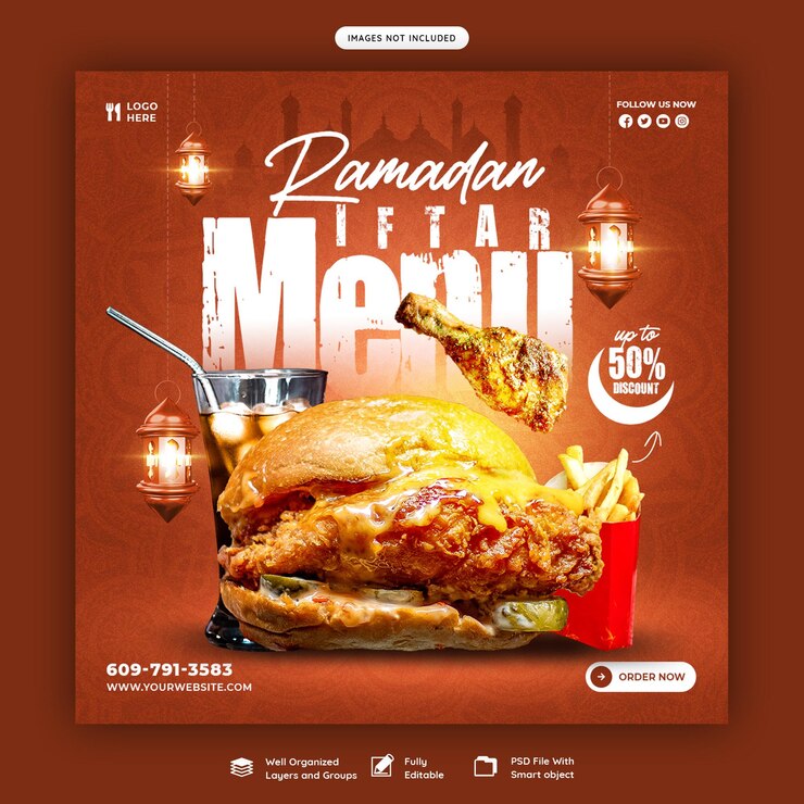 Free PSD special ramadan kareem food and iftar menu social media banner or instagram post template