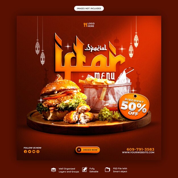 PSD gratuito banner di social media del menu di cibo ramadan kareem speciale o modello di post di instagram