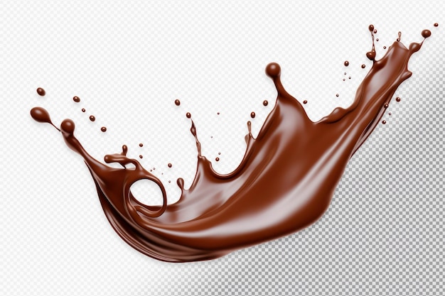 Splash of brown liquid with drops on transparent background