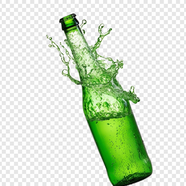 Spruzzo d'acqua su una bottiglia verde isolata su uno sfondo trasparente
