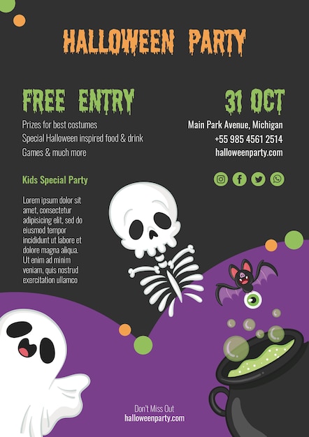 Free PSD spooky halloween party with skeleton and ghost