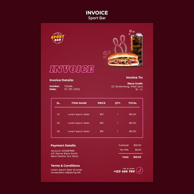 Free PSD sport bar invoice template