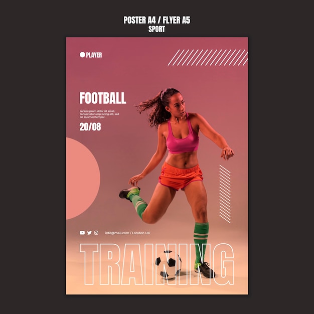 無料PSD サッカーをしている女性の写真とスポーツポスターテンプレート