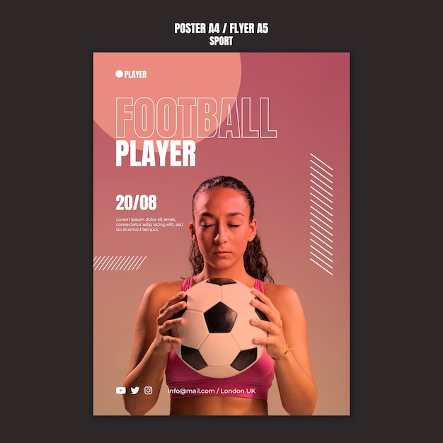 Modello di poster di sport con foto di donna che gioca a calcio