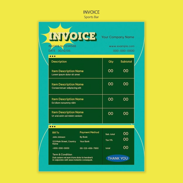 Sports bar for fans and leisure invoice template