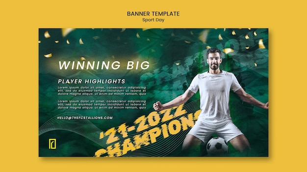 Sports day horizontal banner template with glowing and blurry effect