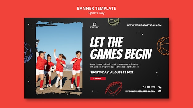 Sports day horizontal banner template with hand drawn balls