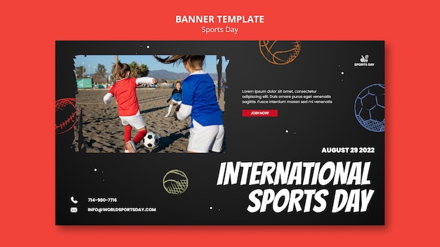 Бесплатный PSD Шаблон горизонтального баннера спортивного дня с рисованными мячами