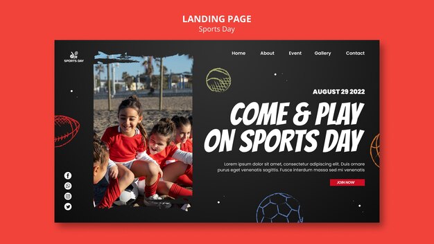 Sports day landing page template with hand drawn balls