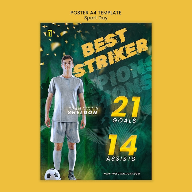 Free PSD sports day vertical poster template with glowing and blurry effect