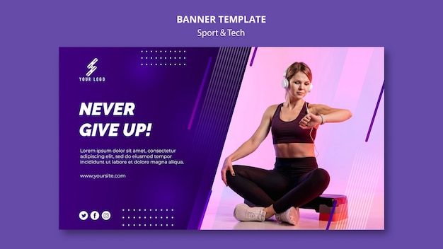 Sports and tech banner template with photo of woman training