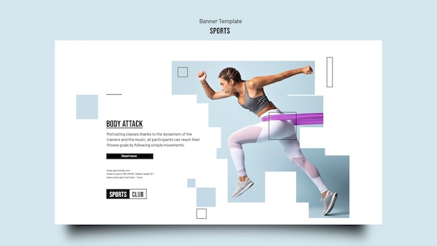 Free PSD sports training horizontal banner template with geometric cut-out shapes