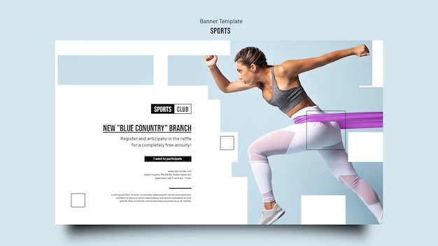 Free PSD sports training horizontal banner template with geometric cut-out shapes