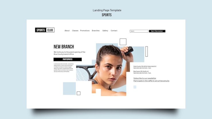 Free PSD sports training landing page template with geometric cut-out shapes