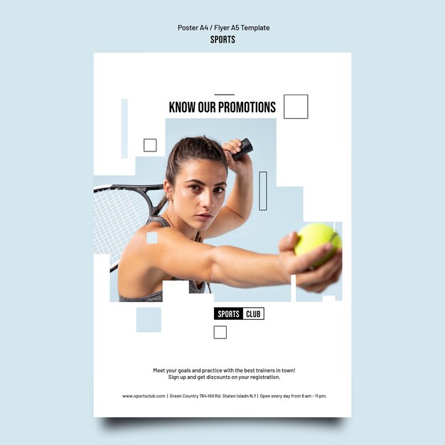 sports training vertical poster template with geometric cut-out shapes