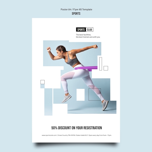 Sports training vertical poster template with geometric cut-out shapes
