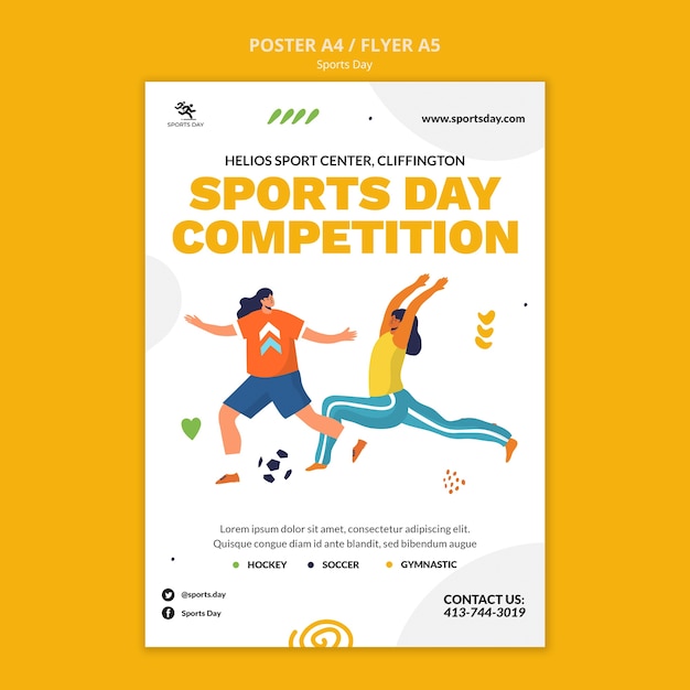 Бесплатный PSD Шаблон спортивного вертикального плаката с людьми, занимающимися спортом