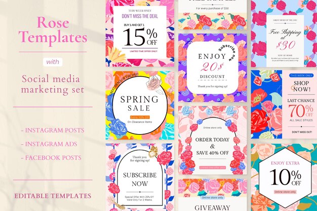 Spring floral SALE template psd with colorful roses fashion social media ad set