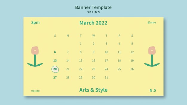 꽃과 달력 봄 가로 배너 템플릿