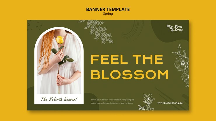 मुफ़्त PSD spring horizontal banner template woman and rose