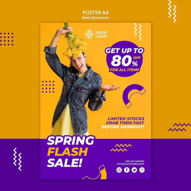 Free PSD spring sale bold geometric model poster template