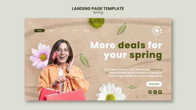 Spring sale landing page template with woman and shopping bags