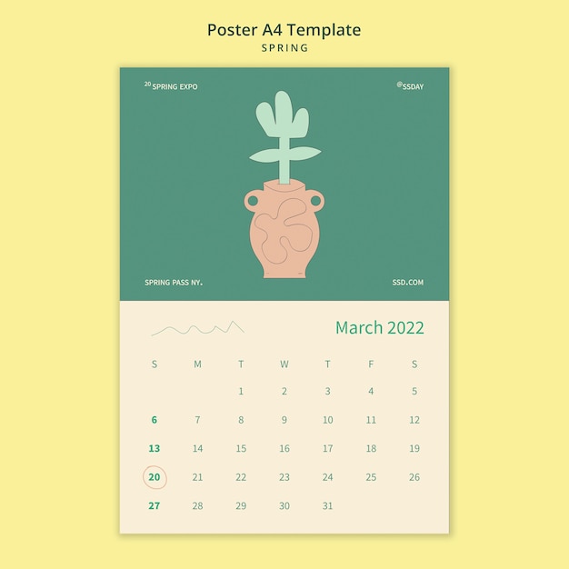 Spring vertical poster template with calendar and flower